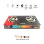 Specifications Brand: TAIKO Product: Glass Top Gas Cooker Sturdy Body Tempered glass top Fire Prevent Plate Removable enamelled Trivet Auto Ignition Easy to use Control Knobs Rubber Legs